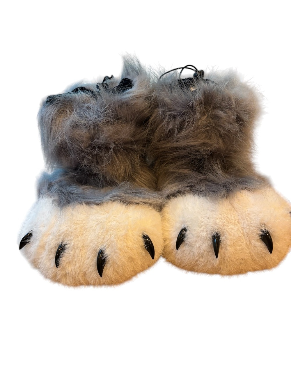 Furry Animal Paw Slippers Grey Fuzzy OS